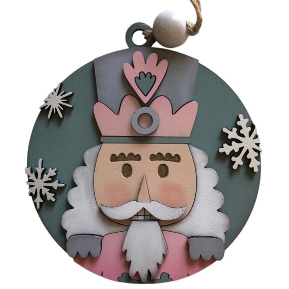 Whimsical Nutcracker Ornament - Pink, Gray & Green Hand Painted Wood - Picture 6 of 6
